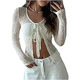 OYOANGLE Women's Hollow Out Sheer Mesh Tie Front Cardigan Long Sleeve Going Out Top Lightweight Tops