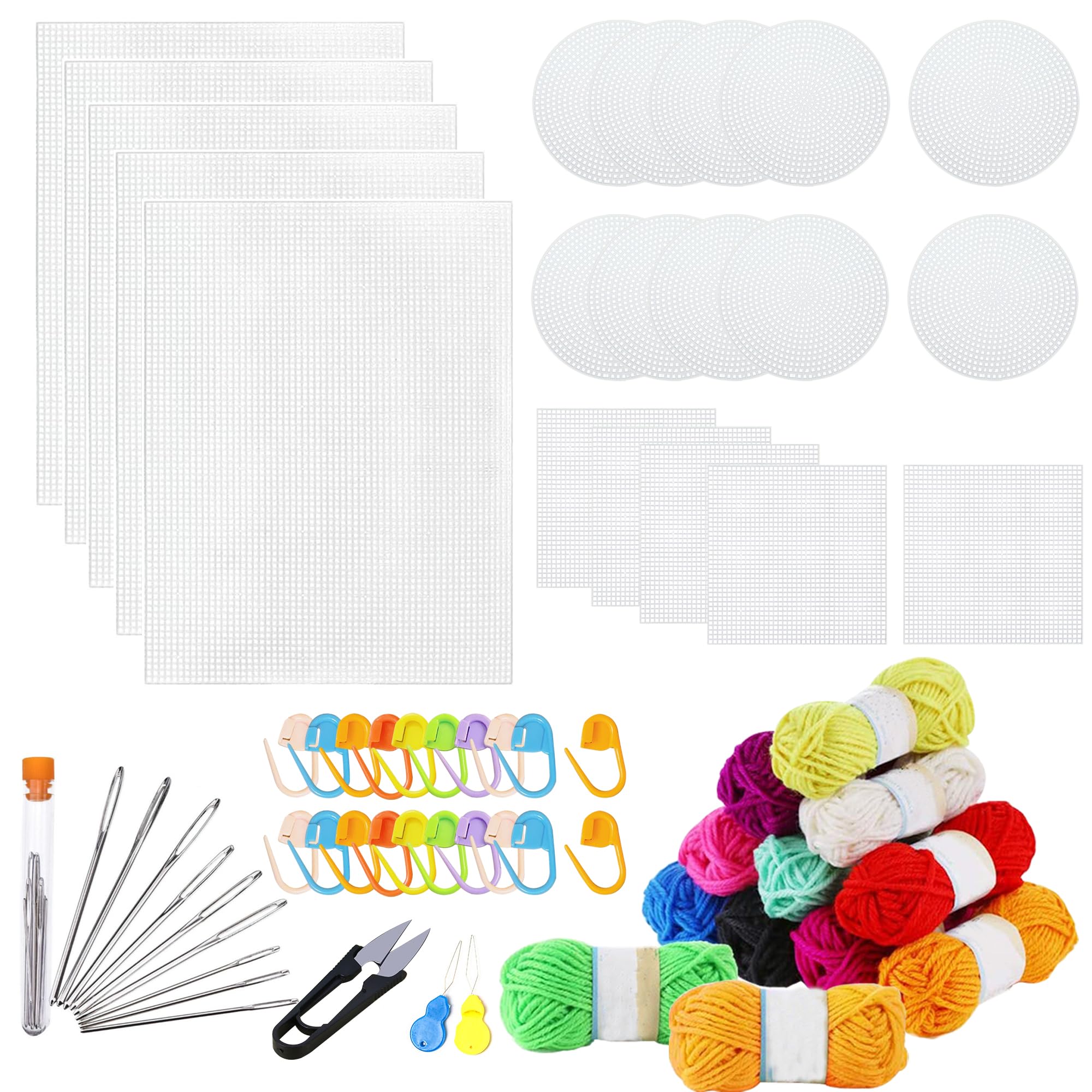 Allazone 45 PCS Mesh Plastic Canvas Sheets Kit, 3 Shape Clear Plastic Canvas, 12 Color Acrylic Yarn for DIY Crafts Embroidery Cross Stitch, Acrylic Yarn Crafting, Knit and Crochet Projects
