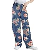 SANGTREE Girls Printed Jeans Baggy Jeans Elastic Waist Casual Wide Leg Denim Pants 6-14 Years