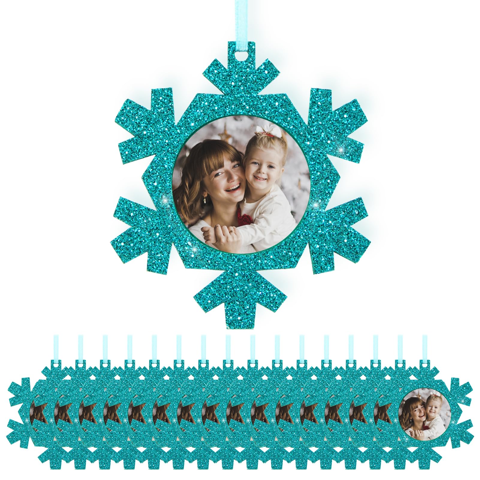 Fassory 20 Pcs Blue Christmas Ornaments Snowflakes Felt Glittering Hanging Photo Frame, Xmas Tree Photo Baubles, Pictured Gift Tags, Winter Frozen Party Decorations (Blue Snowflakes)