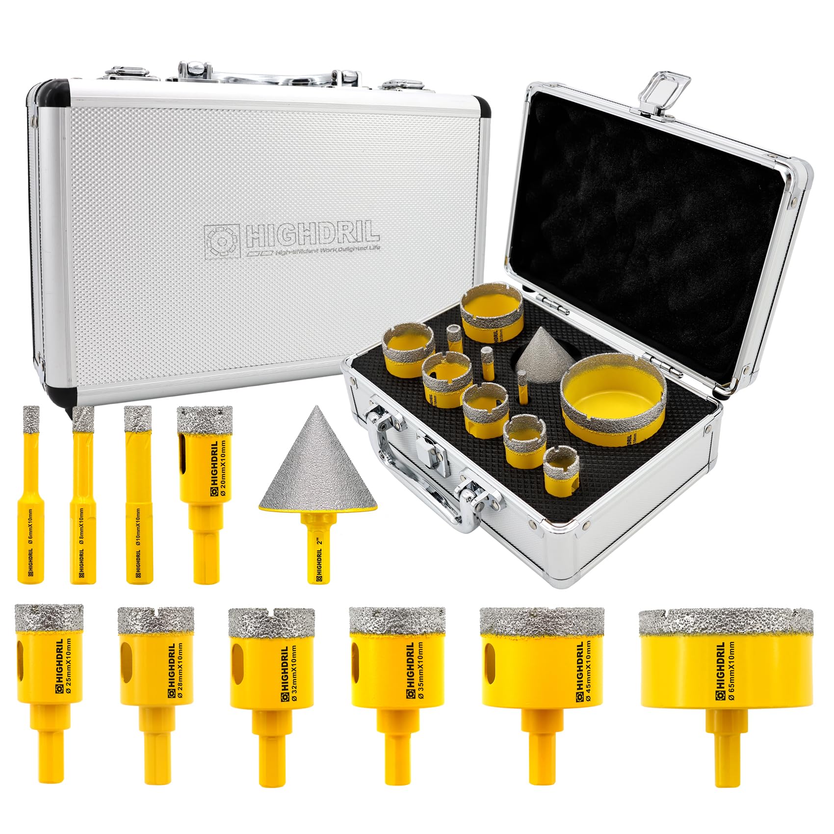 HIGHDRIL Diamond Hole Saw Kit - 6/8/10/20/25/28/32/35/45/65mm Drill Bits+50mm Chamfer Bit,11Pcs Diamond Core Drill Bit Set for Porcelain Ceramic Tile Granite Marble — image 1