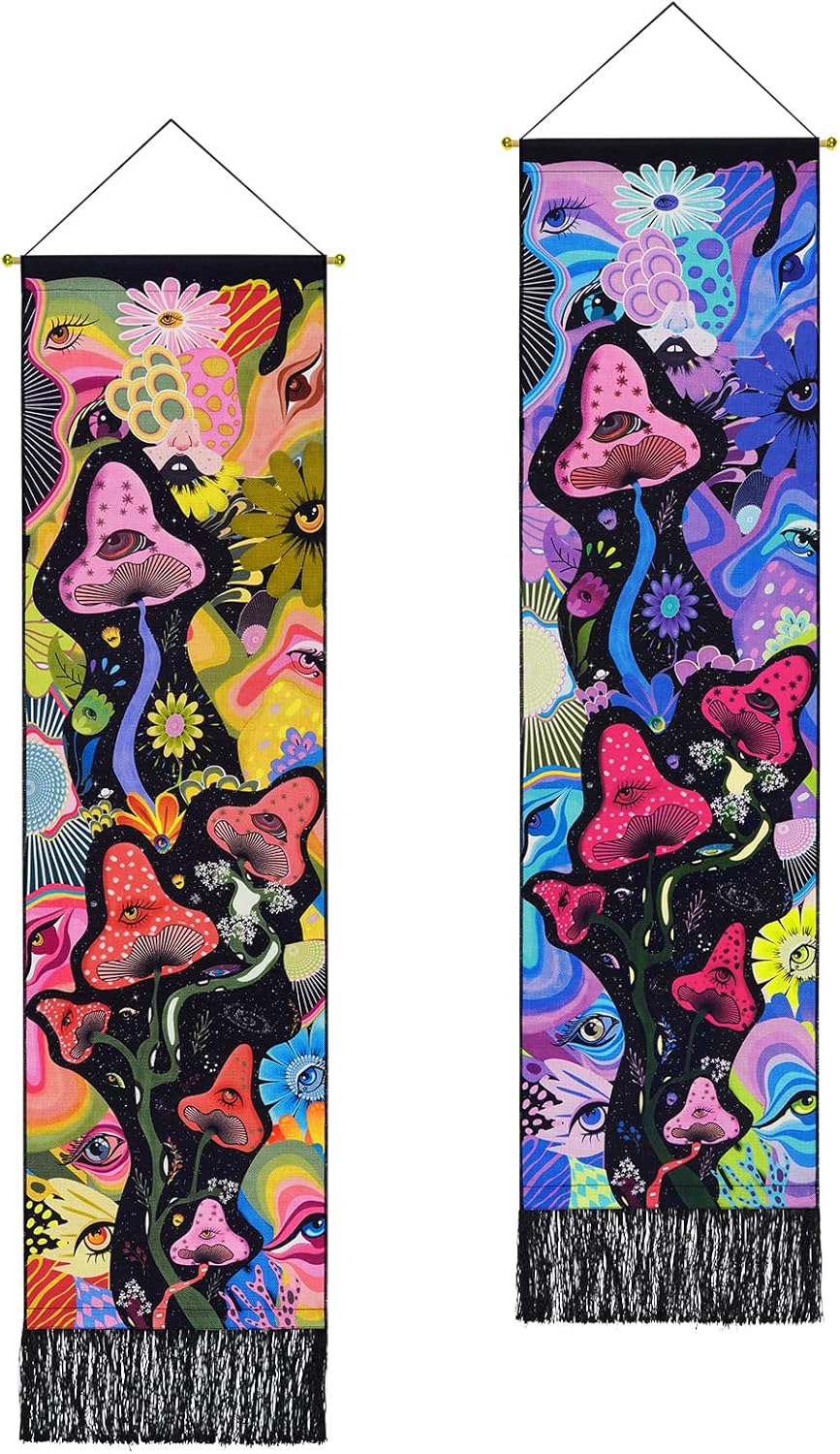 Tapestries - Lyacmy Mushroom Vertical Tapestry Eyes Tapestries Colorful Flower Tapestry Abstract Magical Wall Hanging for Home Decor Room (Red+Purple,12.8 x 51.2 inches)