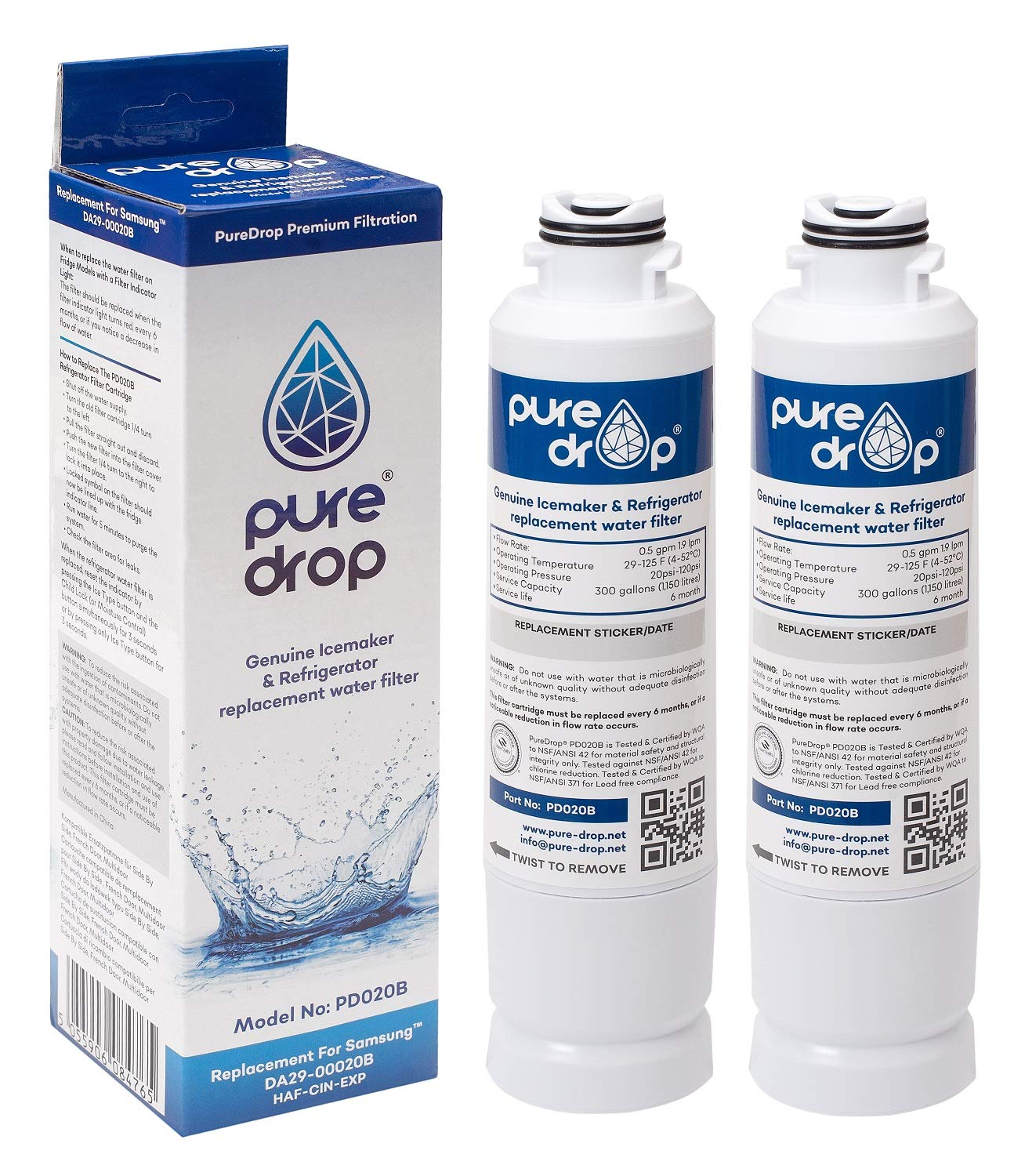 Puredrop DA2900020B Compatible with Samsung DA29-00020B, HAFCIN, HAF-CIN, HAF-CIN/EXP, DA97-08006A/B Refrigerator Water Filter (2 Pack)