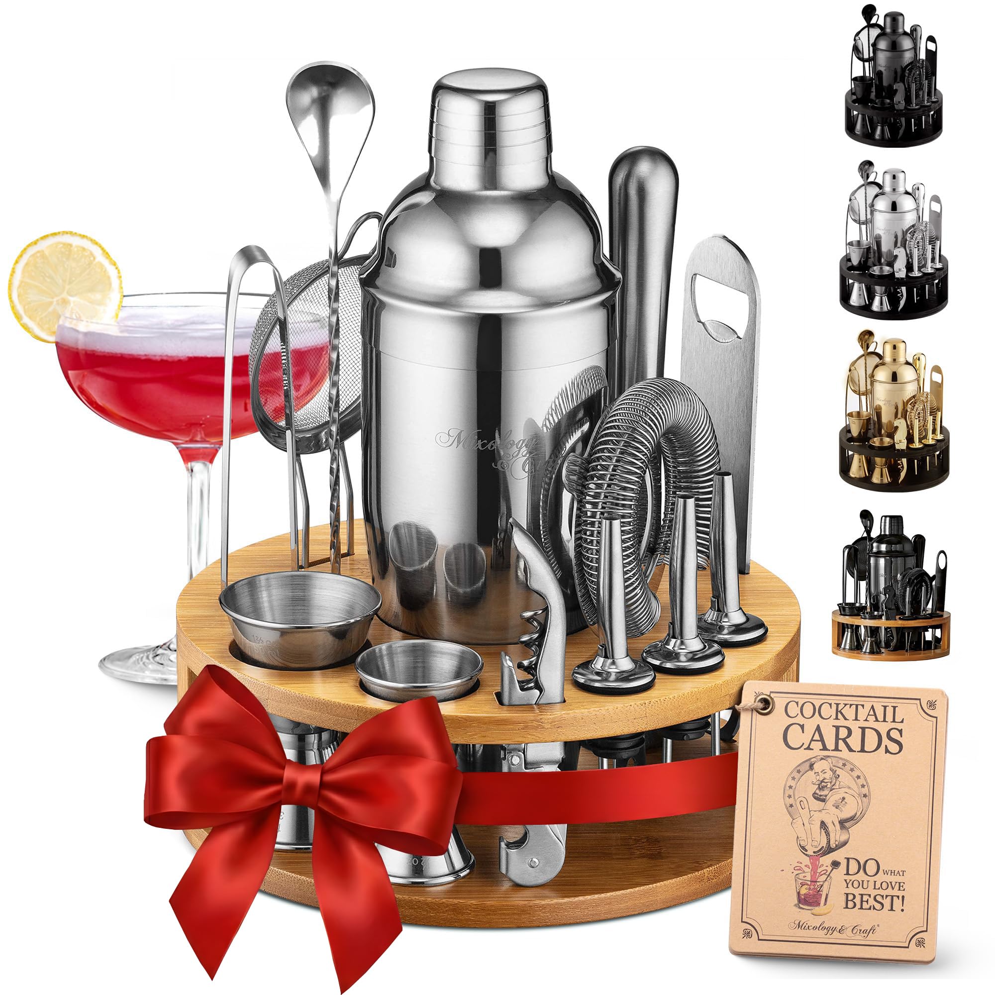 Mixology Bartender Kit: 15-Piece Bar Set Cocktail Shaker Set with Stylish Bamboo Stand | Perfect for Home Bar Tools Bartender Tool Kit and Martini Cocktail Shaker for Awesome Drink Mixing Experience