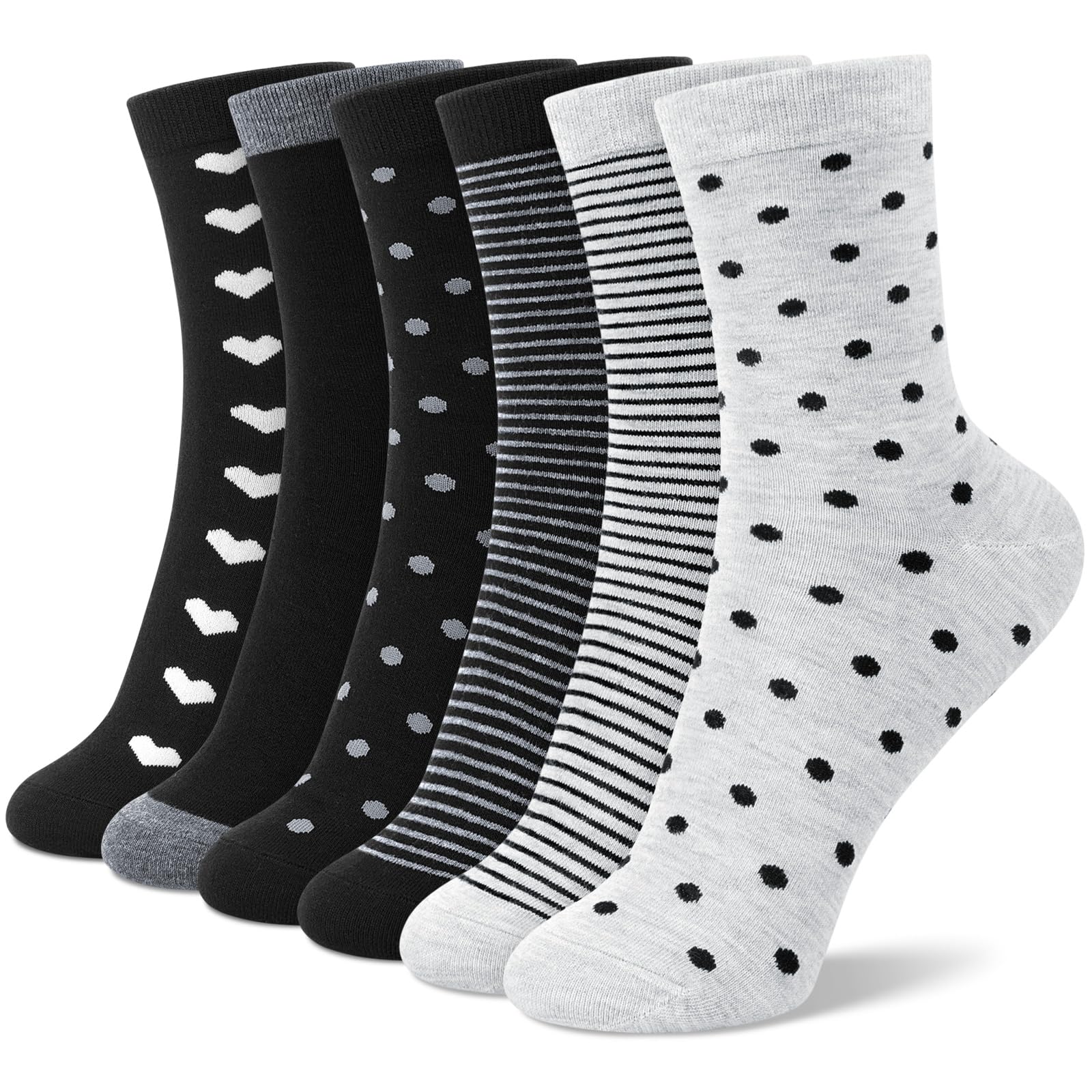 Photo 1 of 6 Pairs Cotton Crew Socks for Women, Breathable Novelty Funny Striped Dot Casual Cute Calf Socks Size 6-12