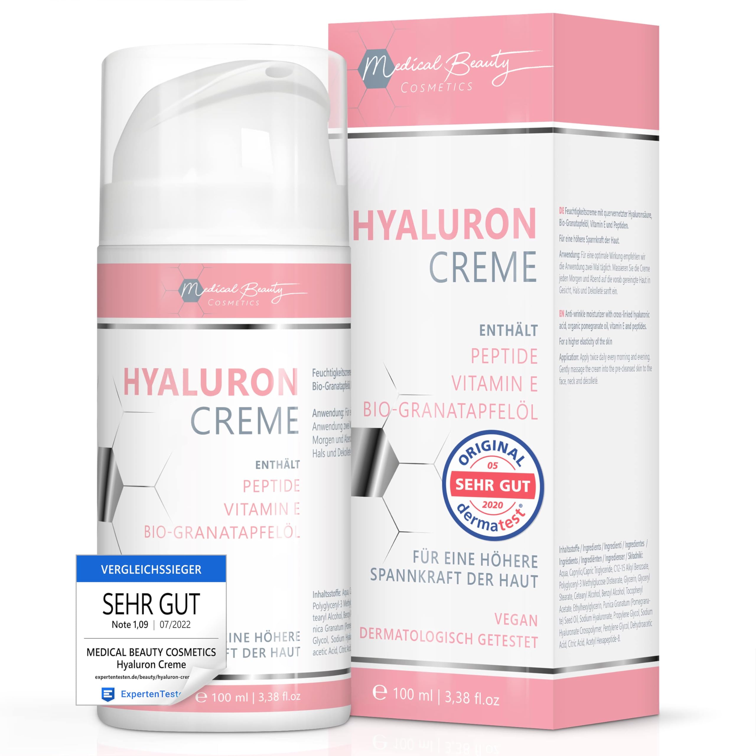 Medical Beauty Hyaluronic Cream 100ml - with peptides, vitamin E and organic pomegranate seed oil - vegan anti-aging face cream for eyes, neck, décolleté with DermaCross III complex