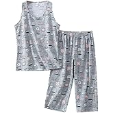 Generic Women's Cute Pajama Set Cotton Tank Capri Set Sleeveless Summer Sleepwear Lightweight Soft 2 Piece Lounge Set