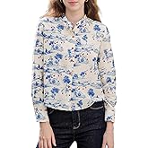 MOLISILK Women's Long Sleeve Silk Cotton Blouse Summer Dressy Casual Button Down Shirt Floral Print Mandarin Collar Blouses