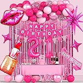 21st Pink Birthday Decorations, Hot Pink Birthday Party Decorations for Women, Happy 21st Birthday Party Supplies with Banner, Number Foil Balloon, Cake Topper, Fringe Curtain, Star Foil Balloons