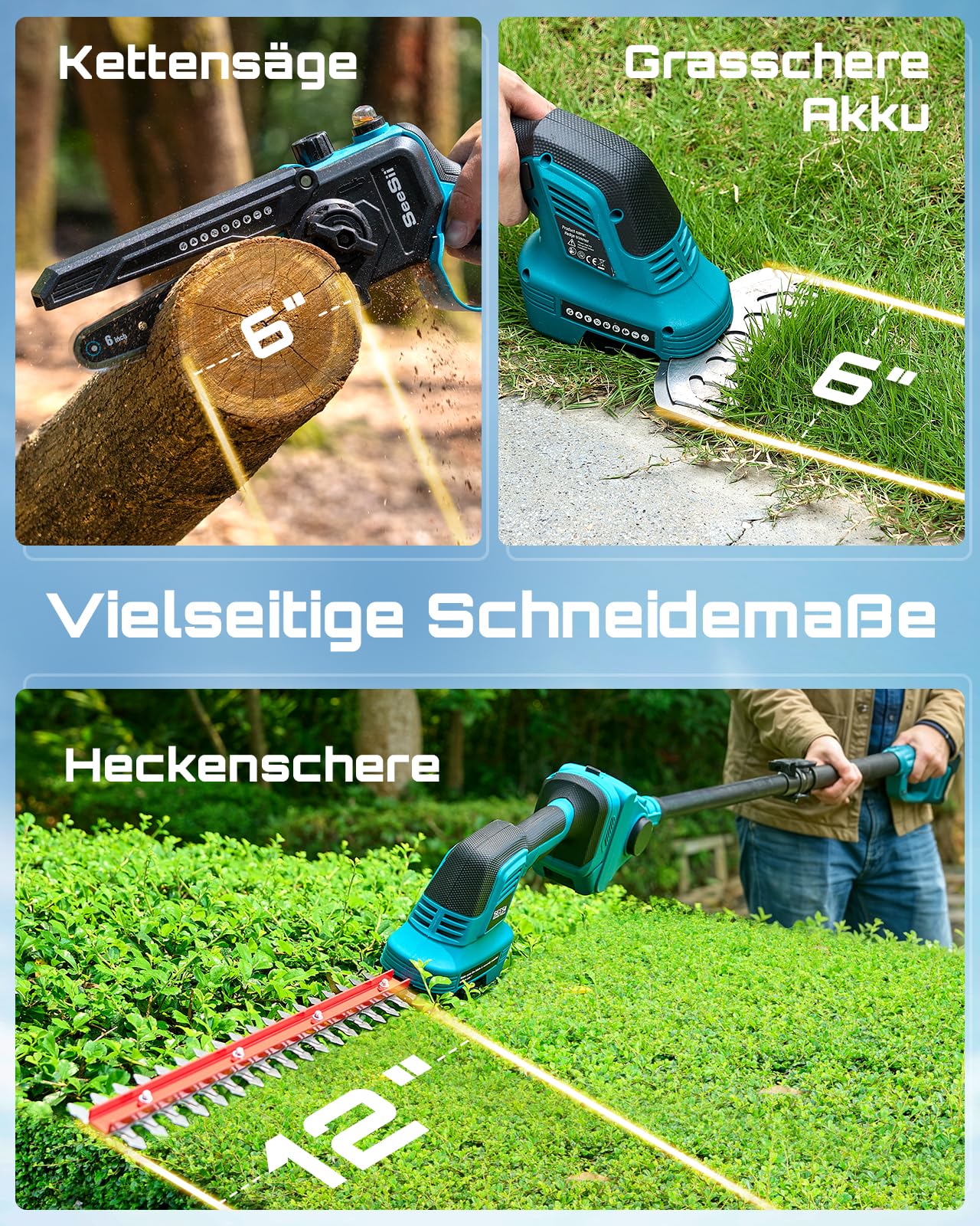 SEESII 6-in-1 Mini Kettensäge & Akku Heckenschere Set, Hochentaster mit 2 * 4000mAh Akkus, Maximale Reichweite bis zu 4,57m, Geeignet für Gartenpflege und zum Holzfällen 6