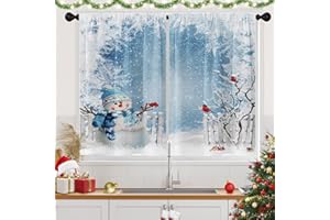 Tayney Christmas Kitchen Curtains Snowman Window Short Tier Curtains Over Sink Set of 2, Winter Tree Xmas Kitchen Decor 26" x 36"