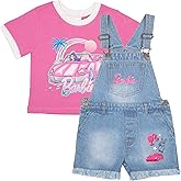 Barbie Girl's Crewneck T-Shirt and Denim Short Overalls 2-Piece Set Pink Convertible Tee and Jean Shortalls for Kids