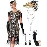 MTITE Great Gatsby Dresses 1920s for Women, Vintage Long Fringe Dress Roaring 20s Sequins Beaded Dress with Accessories Set