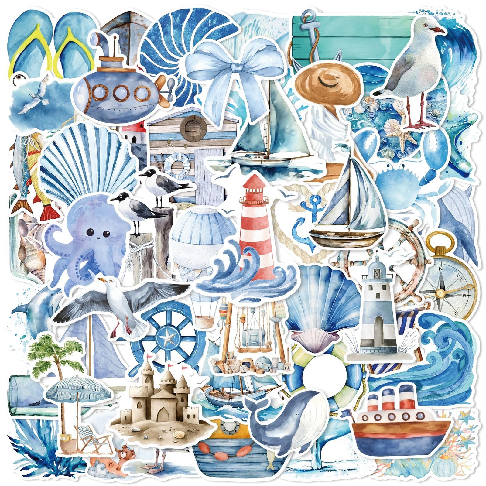 50Pack Sailing Beacon Stickers, Ocean Lighthouse Sticker, Aesthetic Vinyl Sealife Decals, Famnaer Sticker Machine for Laptop Water Bottle Car, Planner, Cool Stickers for Kids
