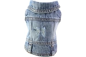 FUQIBASICS Pet Clothes Cool Dog Jeans Jacket for Small Medium Dogs & Cats, Vintage Washed Denim, Scratch-Resistant Lapel Vests