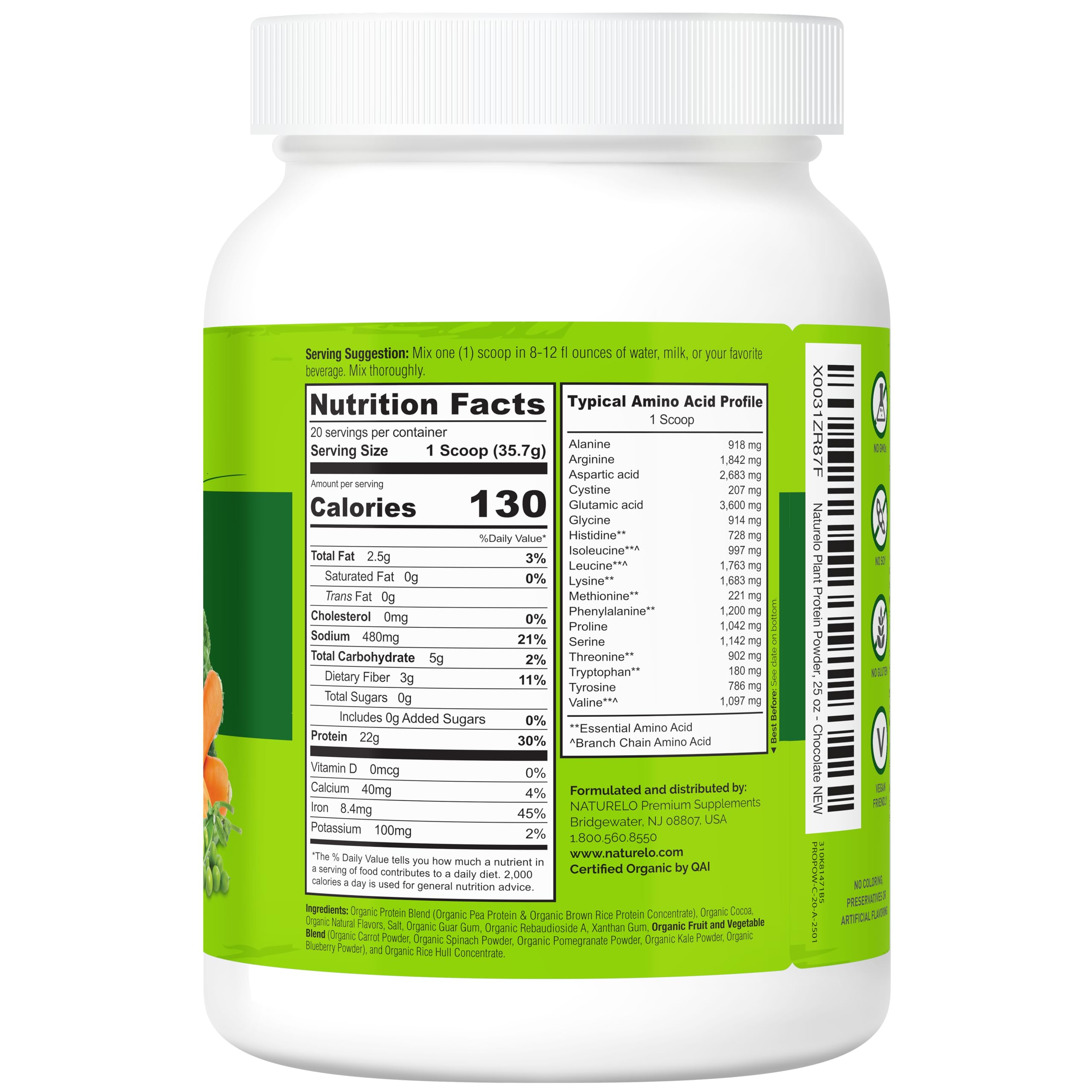 NATURELO Plant Protein Powder, Chocolate, 22g Protein - Non-GMO, Vegan, No Gluten, Dairy, or Soy - No Artificial Flavors, Synthetic Coloring, Preservatives, or Additives - 20 Servings