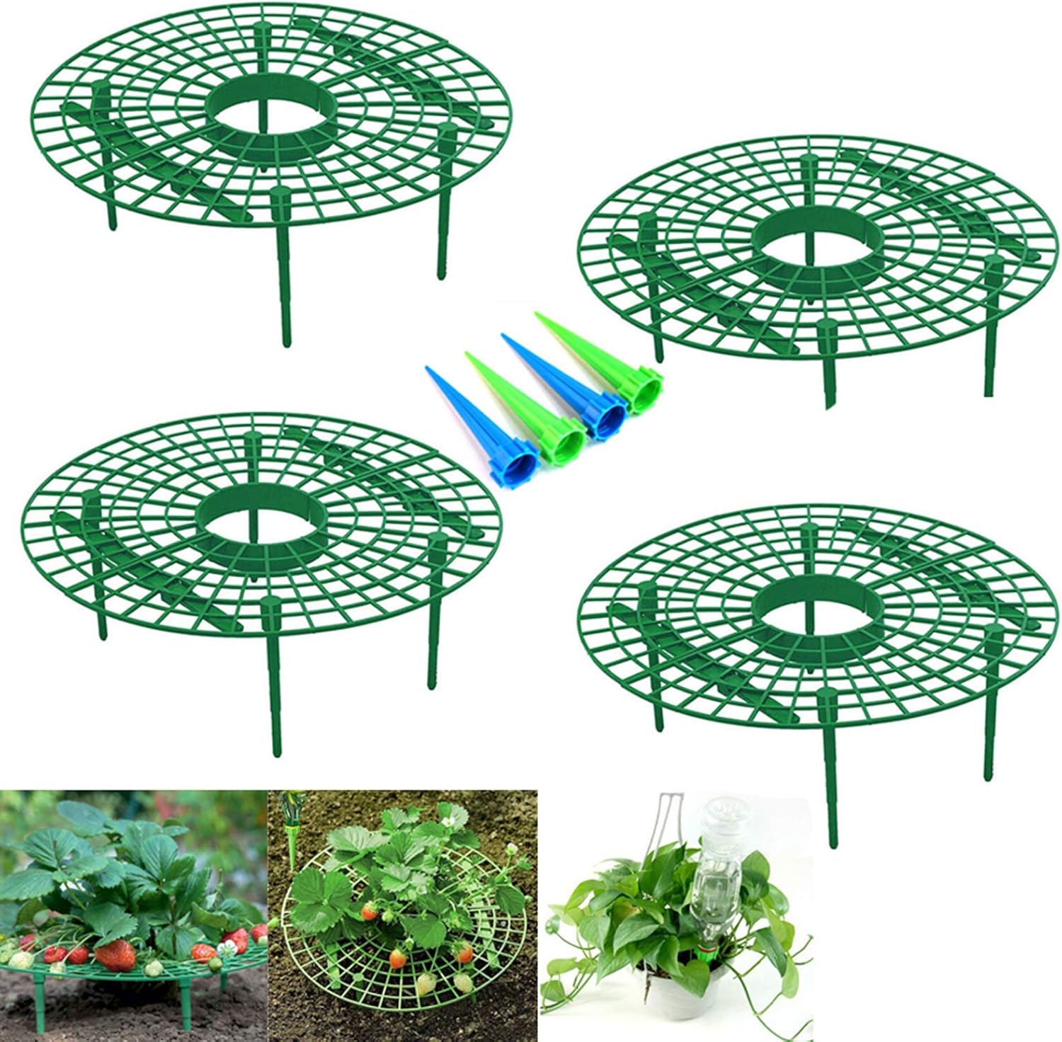 4 Pack Strawberry Supports Stand with 4 Self Watering Spikes for Garden, Adjustable Plant Support Racks Keeping Fruit Elevated to Avoid Ground Rot, Grow Bigger, Cleaner, Increase The Yield