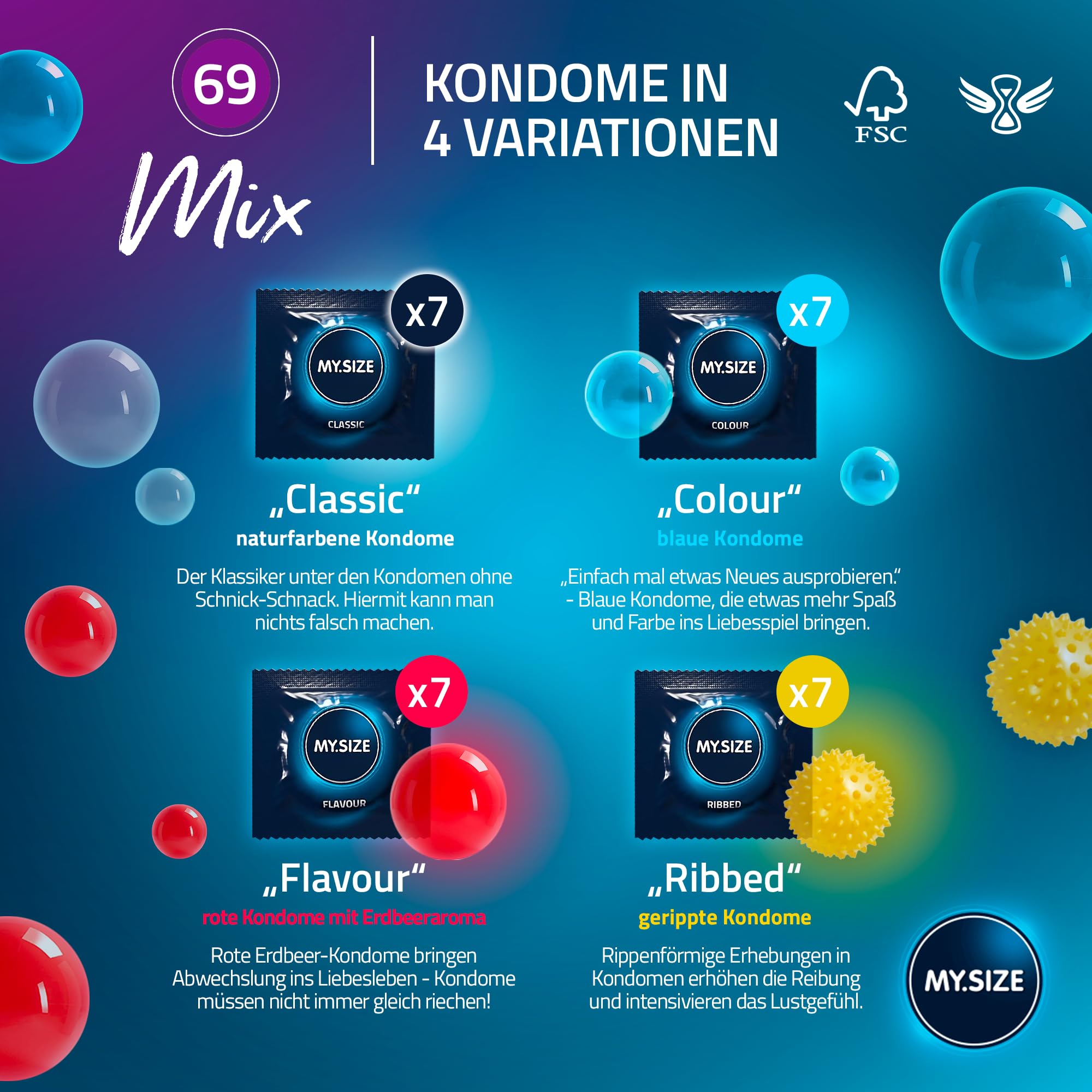 My.Size Mix Kondome Größe 7, 69 mm, Großpackung, | 28 Stück | Condome in 4 aufregenDen Sorten, mit Aroma, Farbe, Genoppt & Classic 3