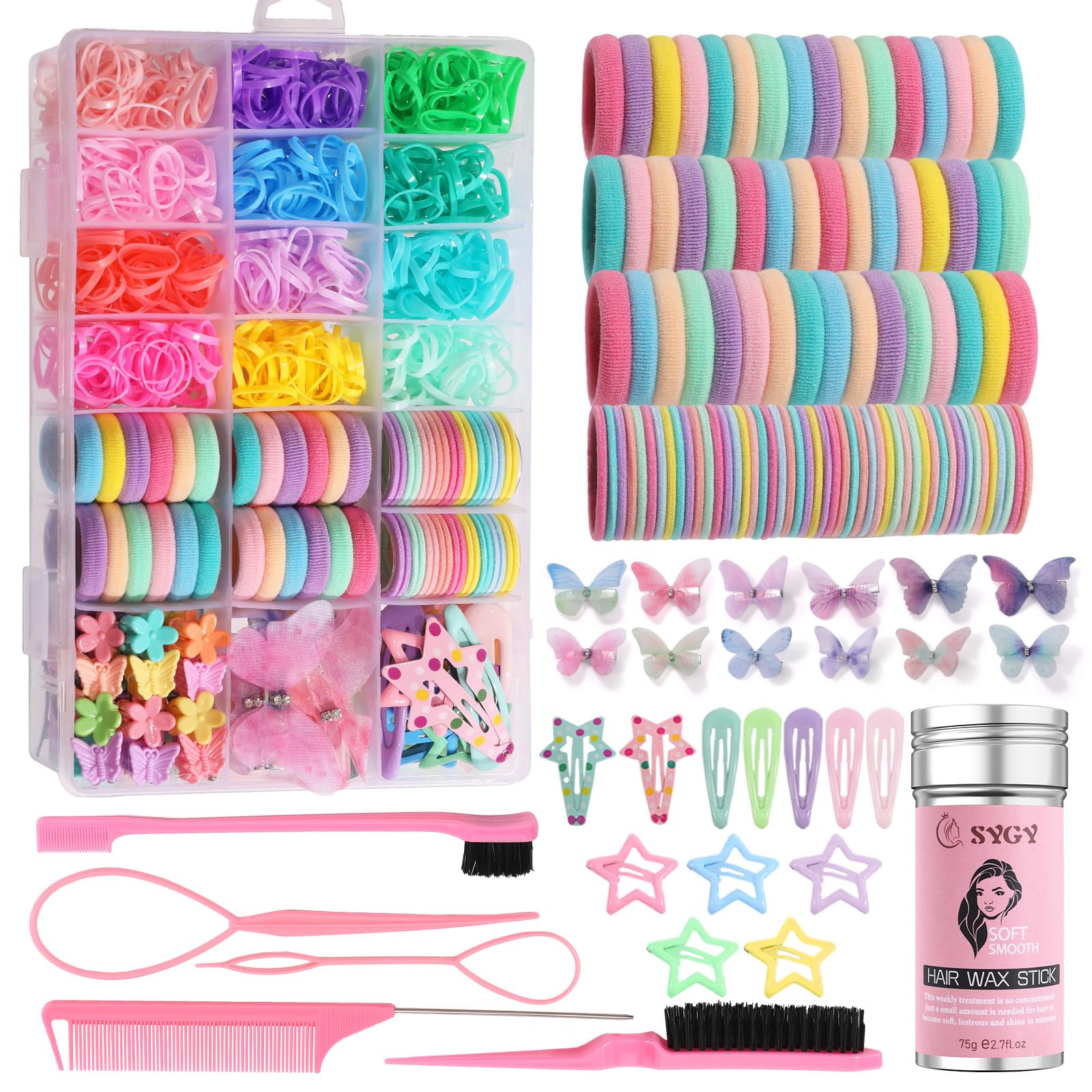 Photo 1 of Hair Accessories for Girls, 1350P Colorful Hair Ties with 44P Hair Clips, Glitter Butterfly Hair Clips for Kids, Hair Wax Stick, Butterfly Hair Claws, Hair Barrettes with Hair Comb Set & Organizer Box