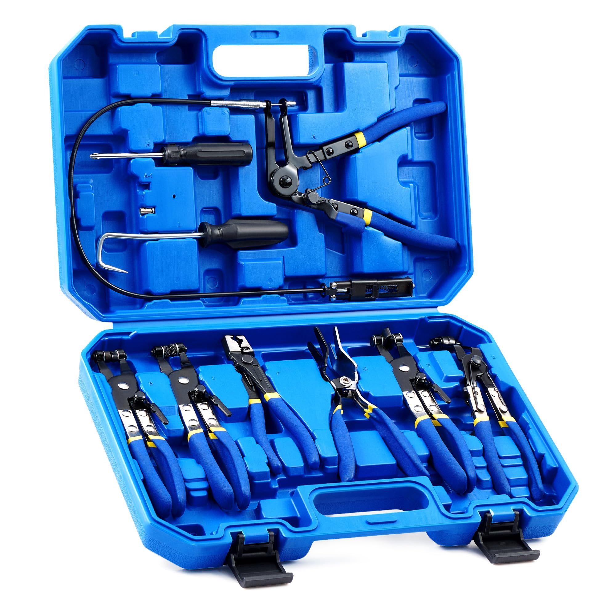 Photo 1 of Orion Motor Tech 9pcs Hose Clamp Pliers for Fuel Oil & Water Hoses, Automotive Long Reach Hose Clamp Remover Kit with Flexible Wire Clic R Type Swivel Jaw Flat Band Pliers Case, Blue