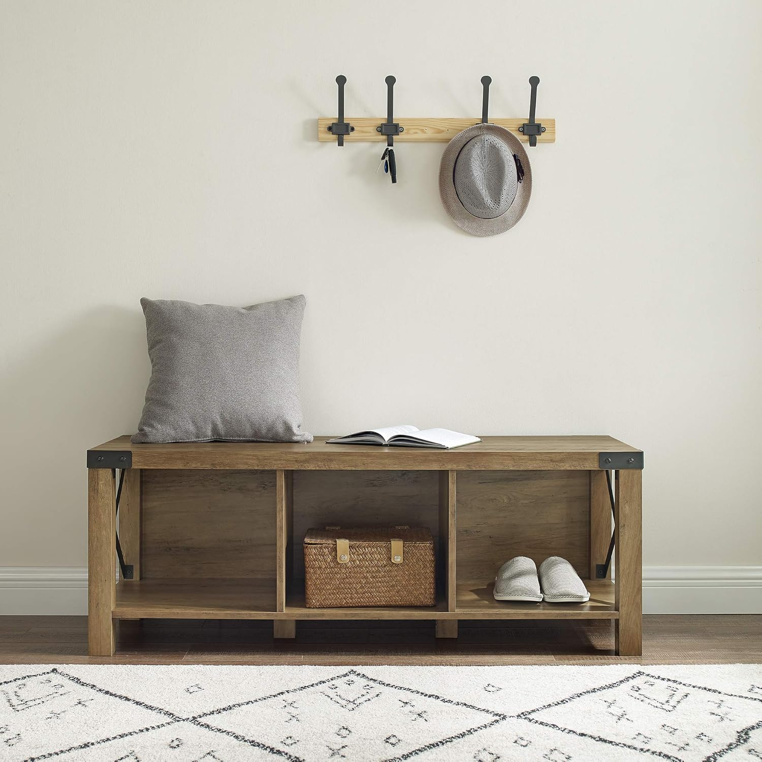 Walker Edison Furniture Company Rustic Modern Farmhouse Wood and Metal Entryway Shoe Storage Bench Hallway Organizer, Reclaimed Barnwood: Kitchen & Dining