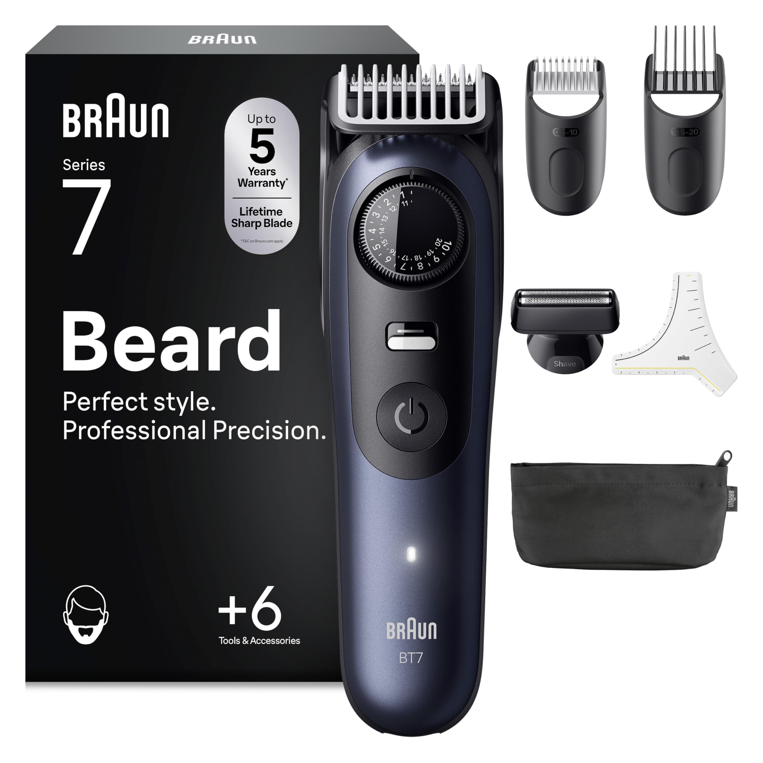 Braun Tondeuse A Barbe Homme Series 7, BT7520, Bleu, + 6 Outils de Barbier, 40 Longueurs, Lame Inusable Pour Un Rasage Professionnel, Kit Tondeuse Electrique Sans Fil, 2 Sabots et Pochoir A Barbe
