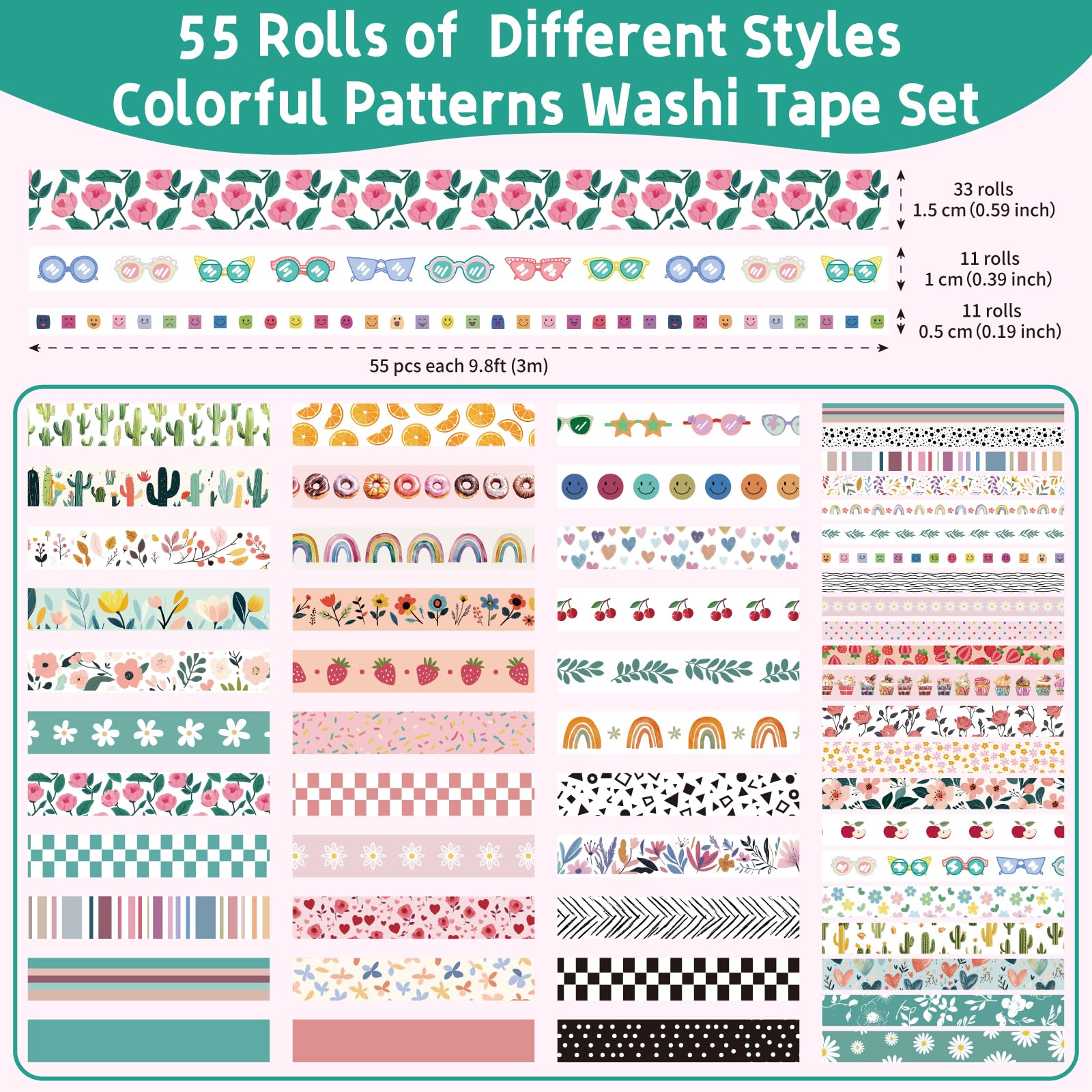 55 Rolls Holiday Washi Tape Set - Decorative Tape Seasonal Bohemian Colored Tape, Cute Washi Tapes for Journaling Supplies, Scrapbooking Supplies kit, Summer Scrapbook Supplies