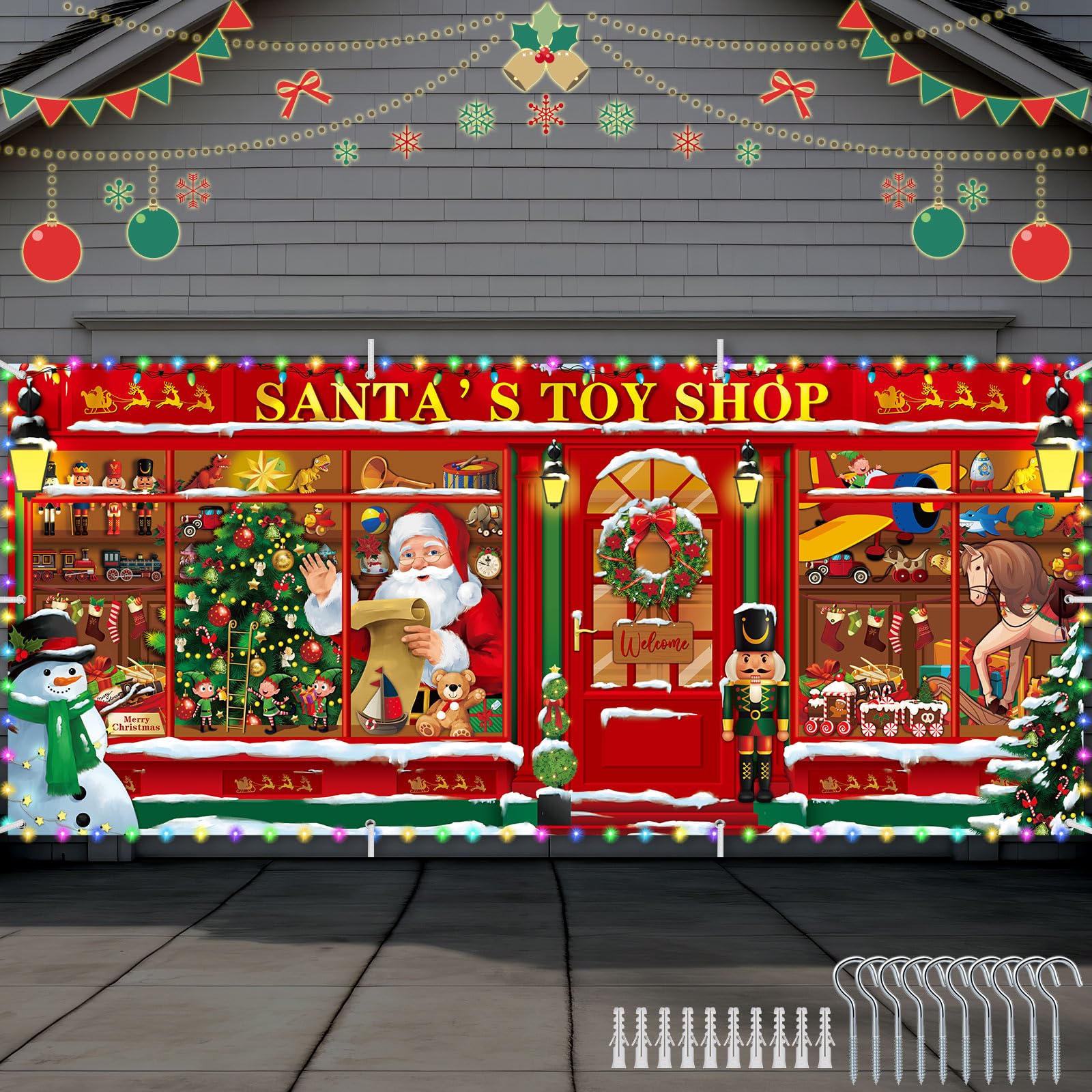 Photo 1 of ***(PARTS ONLY/ MAJOR DAMAGE/ NON FUNCTIONAL)***Tatuo 16x7ft Christmas Garage Door Decoration with LED Light Santa's Shop Garage Door Cover Santa Store Garage Door Banner Xmas Toy Store Decoration Christmas Background for Xmas Party Decor