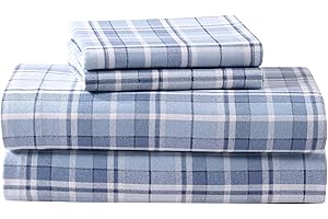 Laura Ashley - Flannel Sheets Queen Size, Anti-Pilling & Wrinkle Resistant Cotton, Touchably Soft for All-Season Comfort - Bed Sheets with Matching Pillowcases & Fitted Sheet (Mulholland Plaid Blue)