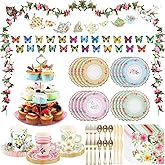 121 Pcs Floral Tea Party Dinnerware Set Include 9 oz Paper Cups and Saucers, Napkins, 3 Tier Cake Stand, Serving Platter, Butterfly Decorations, Flower Banner Tableware for Birthday Wedding