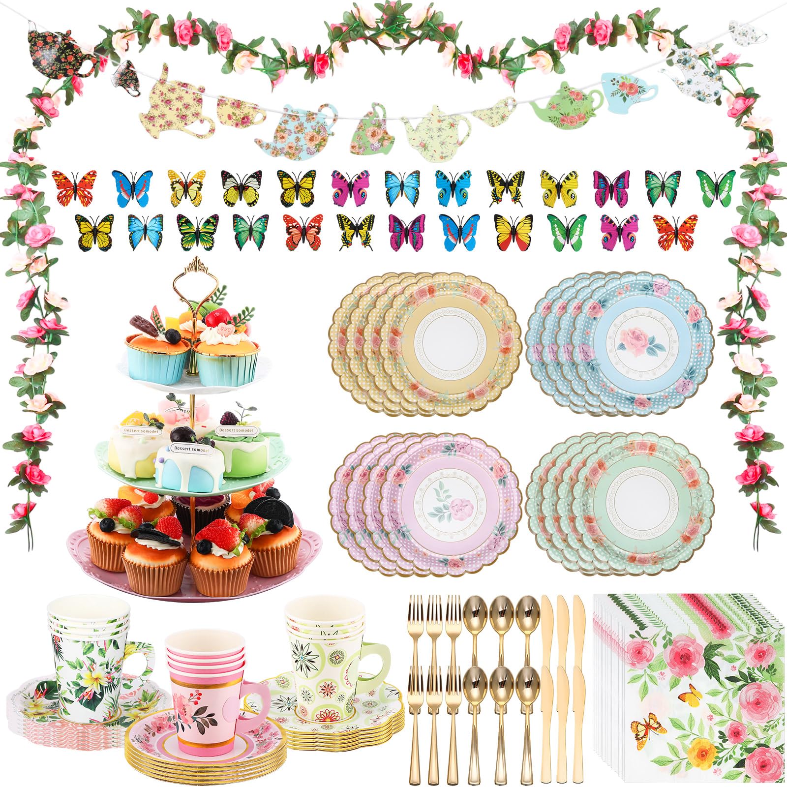 Photo 1 of 121 Pcs Floral Tea Party Dinnerware Set Include 9 oz Paper Cups and Saucers, Napkins, 3 Tier Cake Stand, Serving Platter, Butterfly Decorations, Flower Banner Tableware for Birthday Wedding