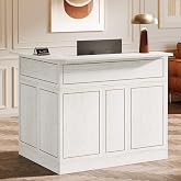 Tribesigns L-Shaped Reception Desk, Modern White Front Counter with 2-Tier Storage &amp; Stemware Rack, Elegant Office Reception Desk for Lobby, Business Area