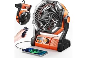 Camping Fan, 20000mAh Rechargeable Battery Powered Outdoor Tent Fan with Light and Hook, 6 Speed, Personal USB Desk Fan for C