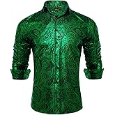 DiBanGu Mens Paisley Dress Shirt Luxury Printed Long Sleeve Button Down Shirts Regular Fit Shiny Shirts for Wedding Prom