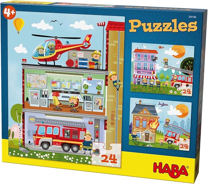 HABA 304186 Puzzles Kleine Feuerwehr, 3 Puzzles mit je 24 Teilen, 3