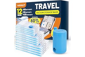 WANALIT Vacuum Storage Bags for Travel, 12 Pack (4M+4S+4XS) Vacuum Seal Bags with Wireless Rechargeable Electric Pump, Travel Essentials Space Saving Bag for Clothes, Luggage, Carry-on Suitcase, Backpack