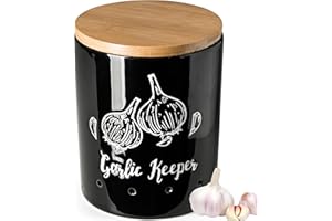 LYEOBOH Garlic Keeper, Garlic Storage, Garlic Holder, Ceramic Garlic Container with Wood Lid, Farmhouse Garlic Keeper for Cou