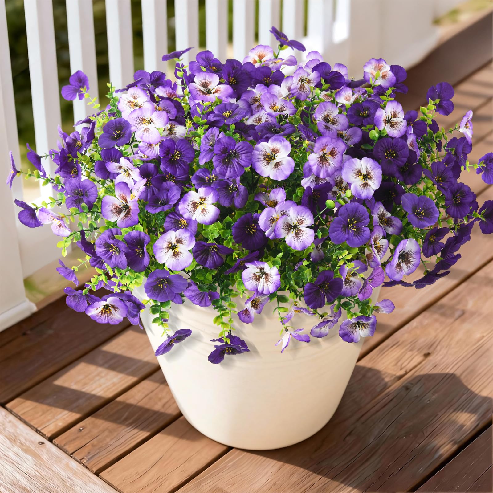 INQCMY Artificial Fake Pansy Flowers for Outdoor, 12 Pcs Faux Silk Pansies Flower for Spring Summer Decoration, UV Resistant Fake Plants for Outside Planter Porch Yard Patio Home Decor(Double Purple)