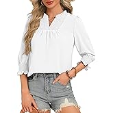 Funlingo Blouses for Women Dressy Casual 3/4 Length Sleeve Tops Ruffle V Neck Lace Shirt with Smocked Cuffs