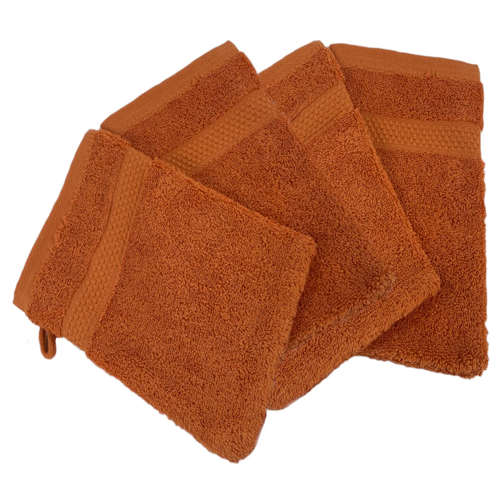 Sue Rossi Face Cloth Wash Mitt Set, 100% Organic Turkish Combed Cotton, 600GSM Thick With Hanging Loop, Size 16cm x 21cm, Flannel Glove Pack Soft & Absorbent (Orange, 4)