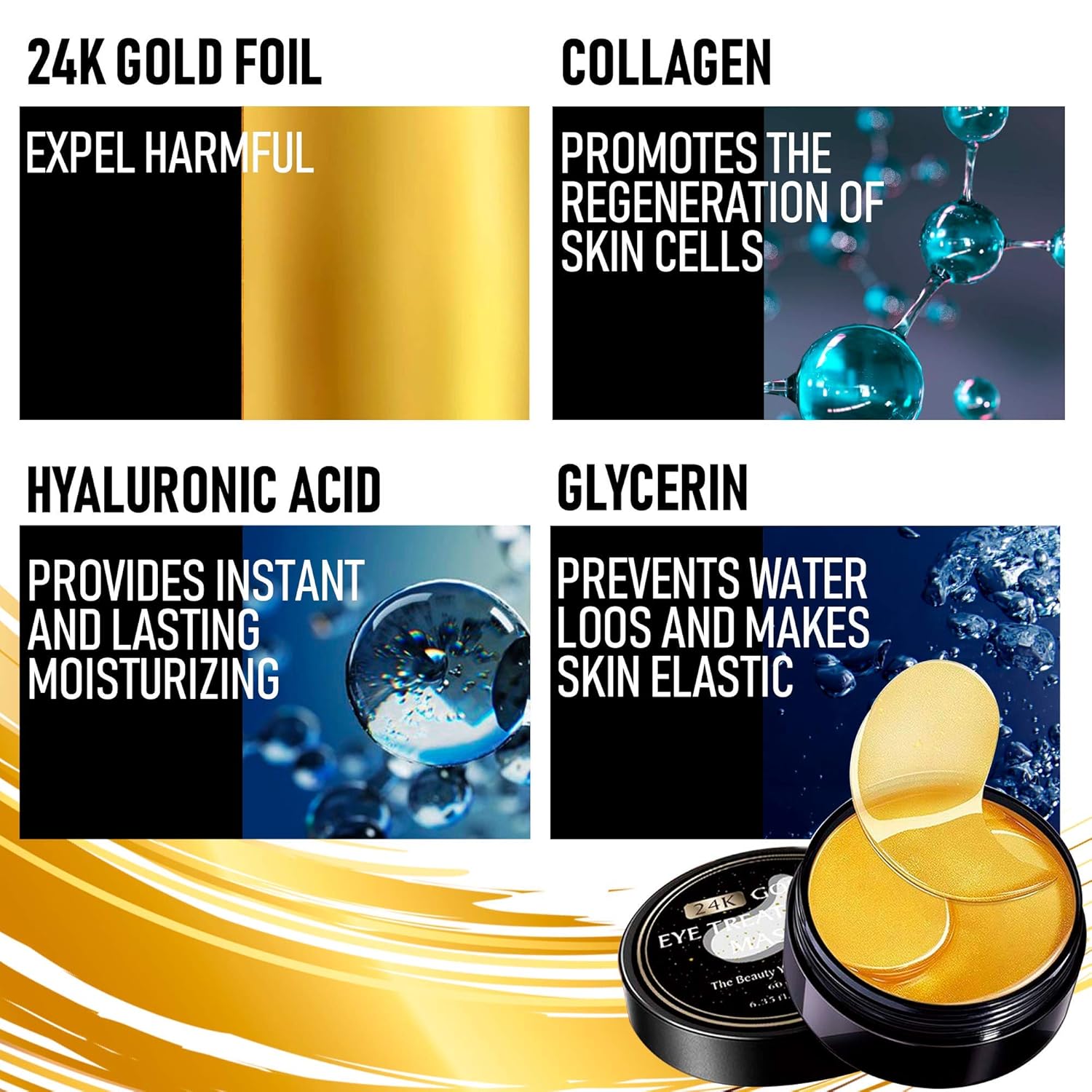 Under Eye Collagen Patches - 24K Gold Anti-Aging Mask - Pads for Puffy Eyes & Bags, Dark Circles and Wrinkles, with Hyaluronic Acid, Deep Moisturizing | 60 Patches - New Formula : Beauty