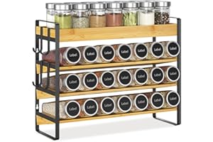 EsLuker.ly Spice Seasoning Rack Organizer Kitchen Countertop, 4 Tier Bamboo Spice Shelf Holder Storage with 4 Hooks, Wall Mou