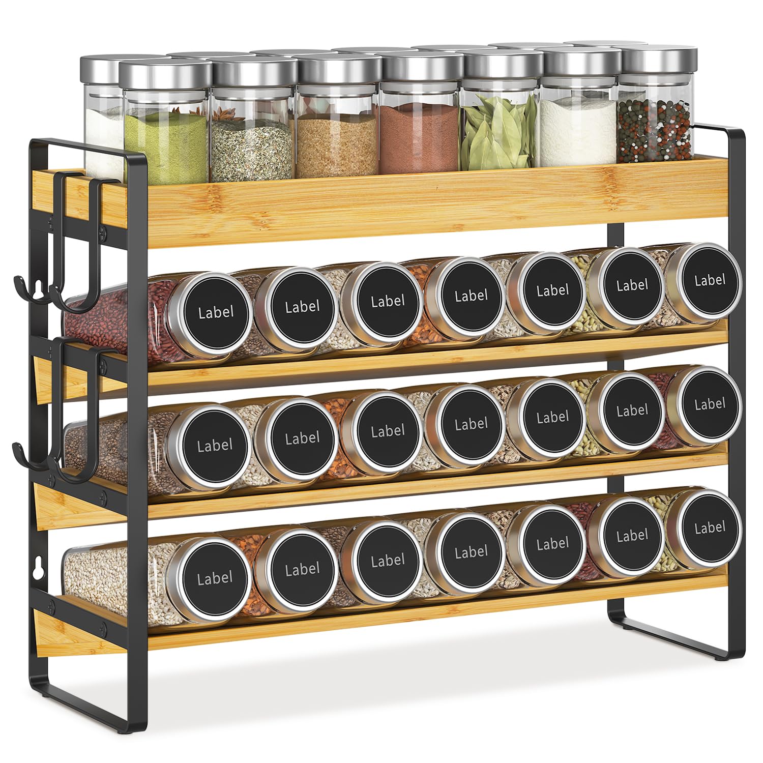 Photo 1 of EsLuker.ly Spice Seasoning Rack Organizer Kitchen Countertop, 4 Tier Bamboo Spice Shelf Holder Storage with 4 Hooks, Wall Mounted Freestanding Stand for Pantry, Quick Spice Access(Jars Not Included)