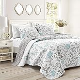 Lush Decor Aprile Reversible Floral Quilt King Size 3 Piece Set King, Blue & Gray - Bedding Set - Floral Quilt - Cottage Bedroom Décor