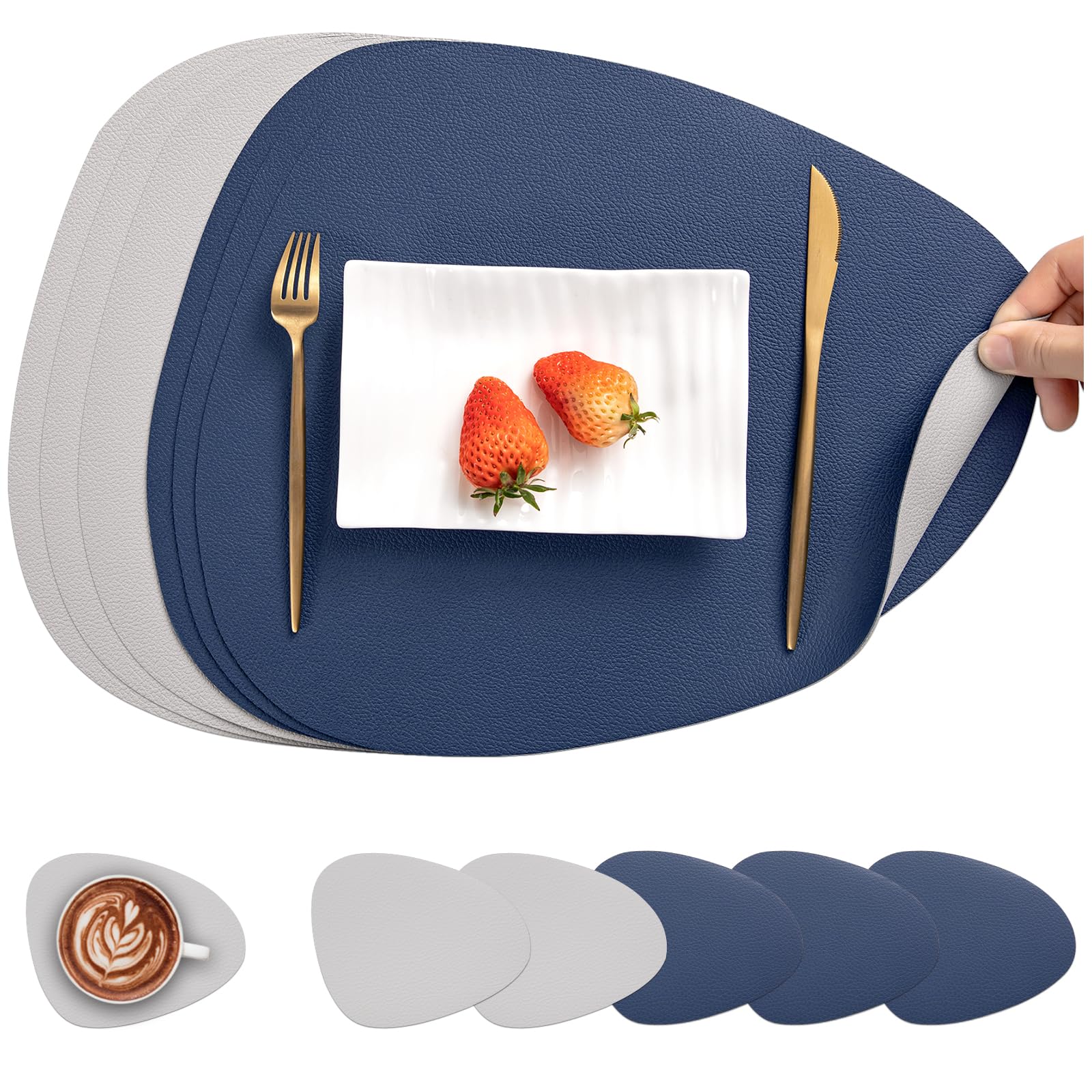 Myir JUN Leather Table Mats and Coasters, Placemat Round PU Waterproof Dual-Sided Kitchen Place Mats Coffee Mats Non-Slip Washable Placemats and Coaster Sets 6 (Set of 6, Gray Blue)