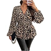 SHENHE Women's Plus Size Long Lantern Sleeve Wrap Top V Neck Ruffle Peplum Dressy Casual Blouse