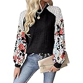 SKVON Floral Tops for Women Patchwork Long Sleeve Ribbed Blouses Crewneck Striped Crochet Print Shirts Lace Knit Sweaters