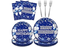 Kepeel 96Pcs Blue Birthday Party Tableware Set, Navy Blue and Silver Birthday Party Decorations Supplies for Men Women Birthday Party Dessert Plates Napkins Forks Favors, Serve 24