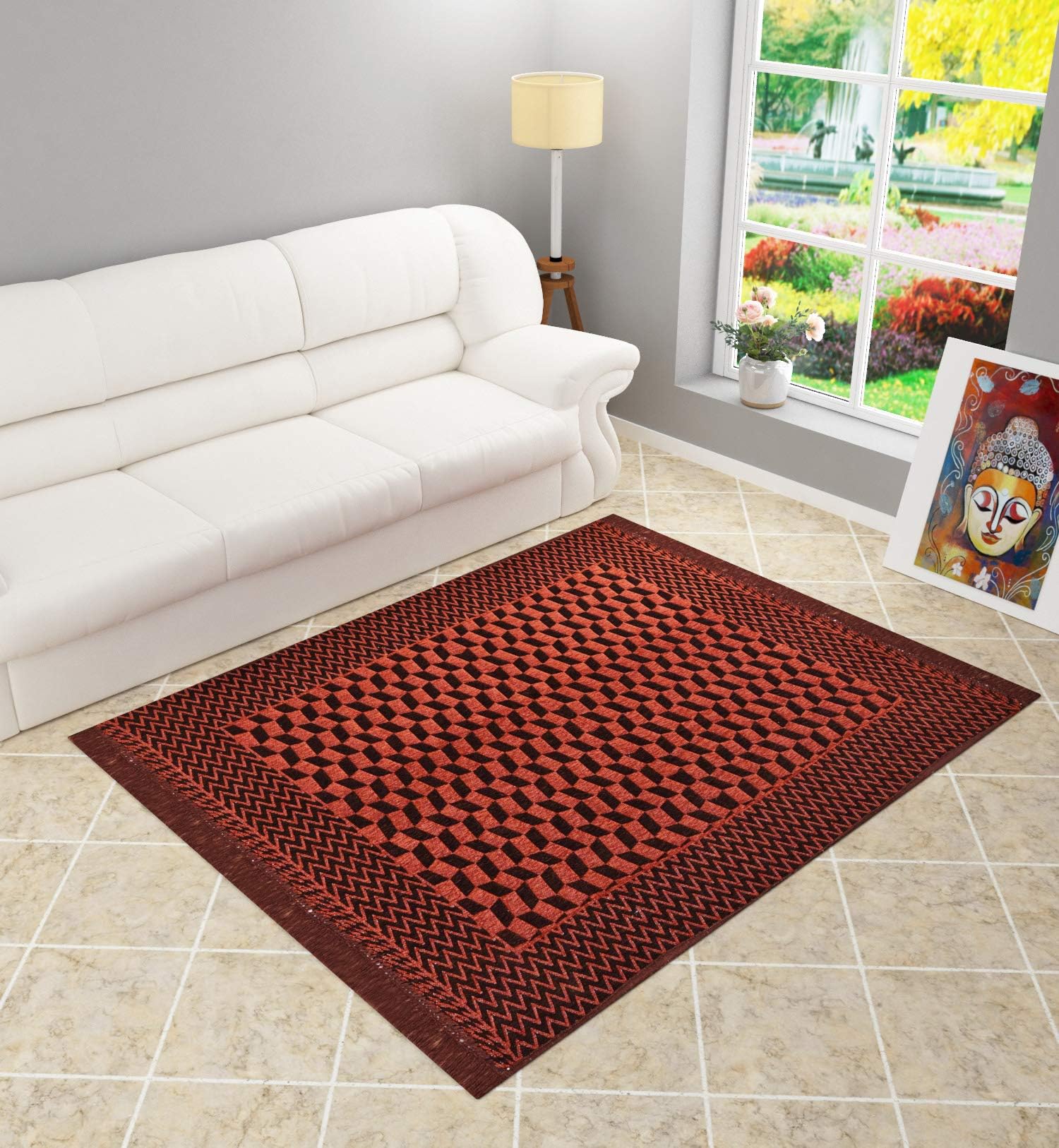 LUXURY CRAFTS Unique Design Chenille Beautiful Carpet(Reversible) for Living Room(4 x 6 feet) (Dark Maroon)