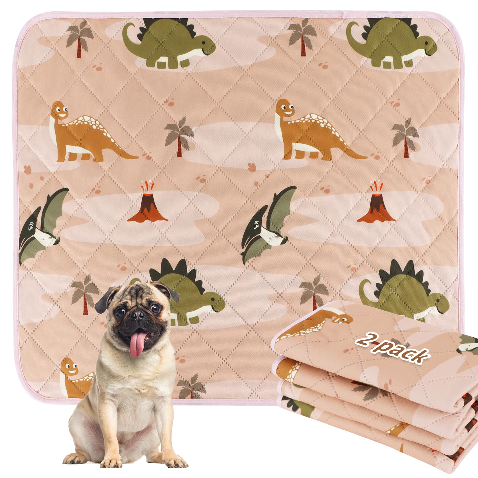BVAGSS Washable Pee Pads for Dogs, 2 Pack Reusable Leakproof Puppy Wee Wee Pad, Non-Slip Waterproof Pet Training Pads, Super Absorbent Whelping Pads XH081 (Pink Dinosaur, 90x60cm)
